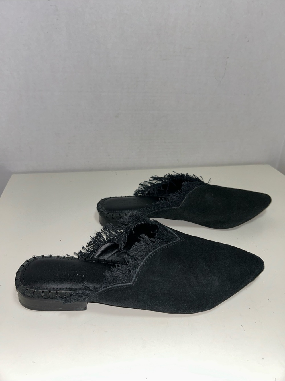 Rag & Co Black Suede Fringe Pointed Toe Slip On Mule
